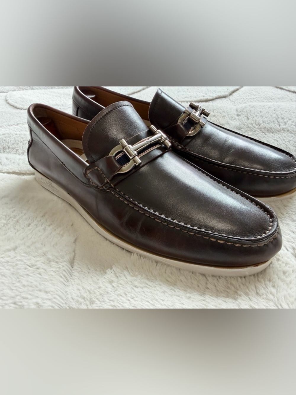 $980 Salvatore Ferragamo Gancini Bit Casual Brown Leather Boat Loafers Shoes 8 9